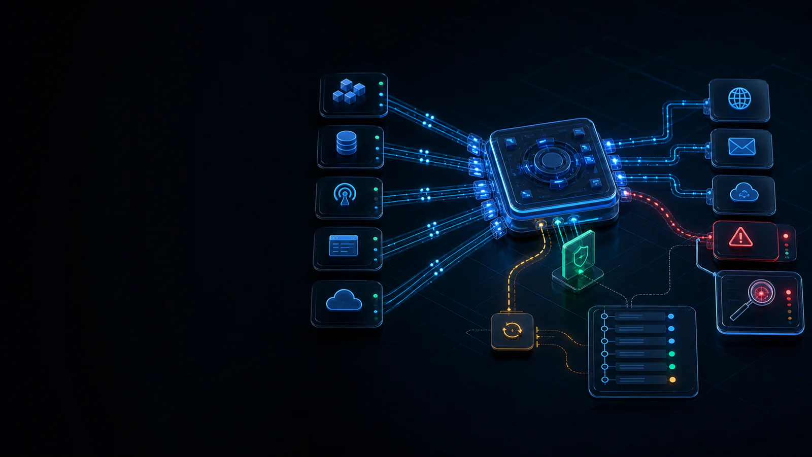 Abstract Lariba Cloud operational control plane connecting event sources, delivery outcomes, guarded recovery, and audit evidence